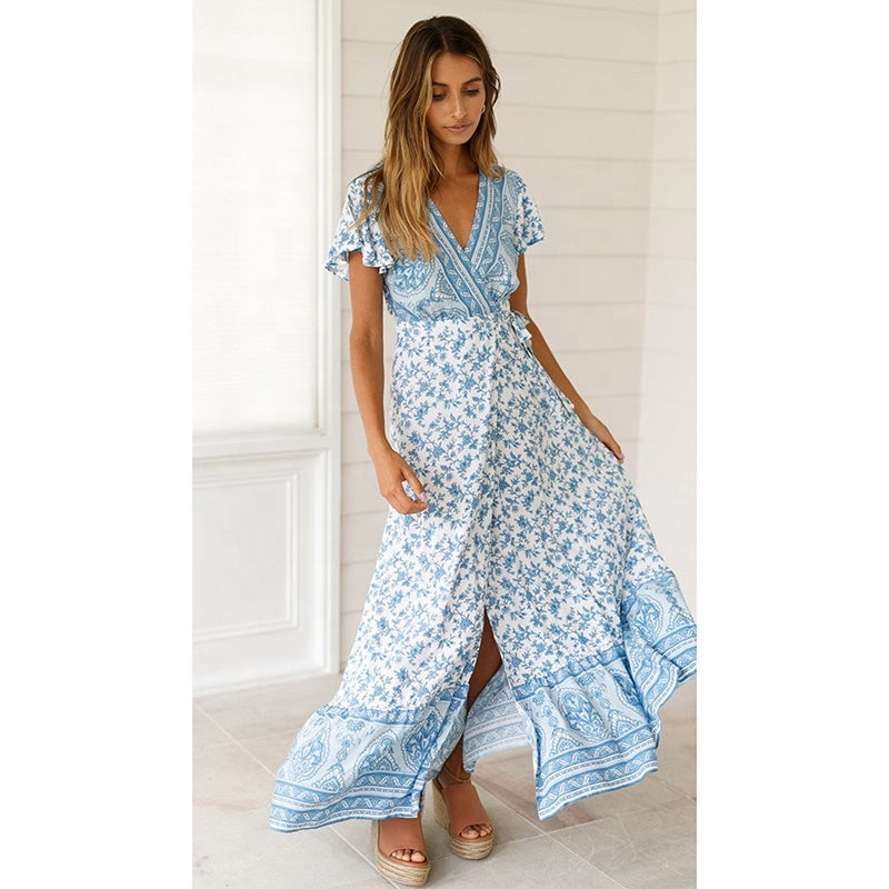 Short Sleeve V-neck Floral Maxi Dress