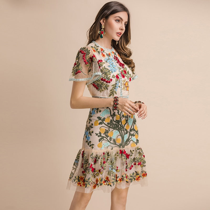 Flare Sleeve Floral Embroidery Midi Dress