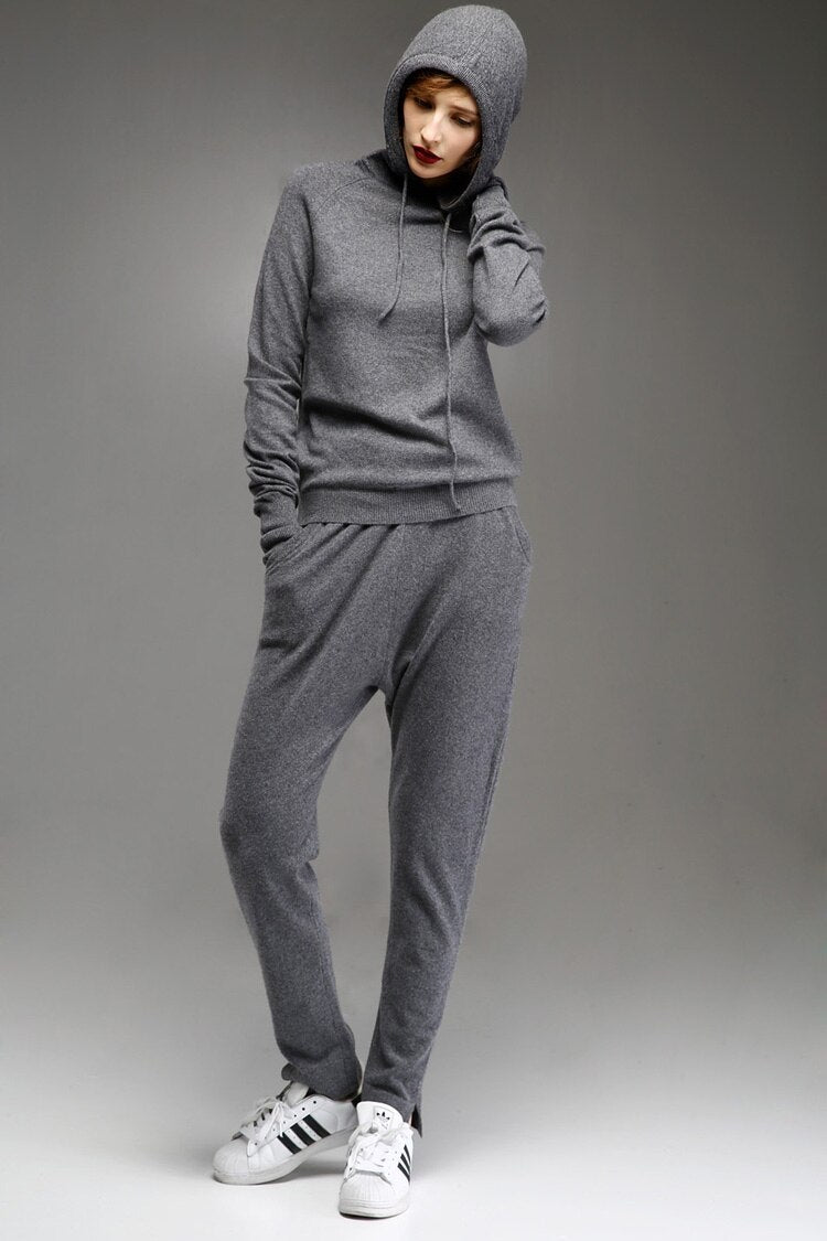 Two Piece Cashmere Hoodie Sweater Set