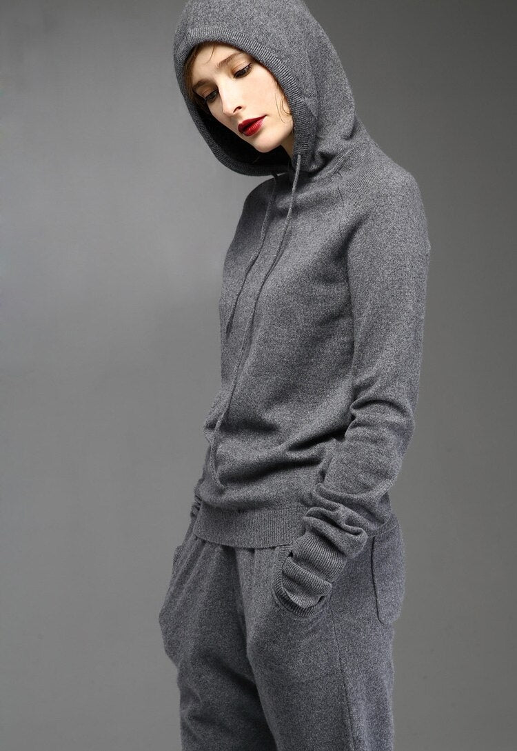 Two Piece Cashmere Hoodie Sweater Set