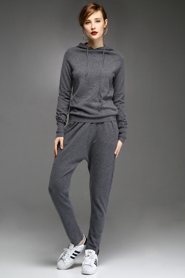 Two Piece Cashmere Hoodie Sweater Set