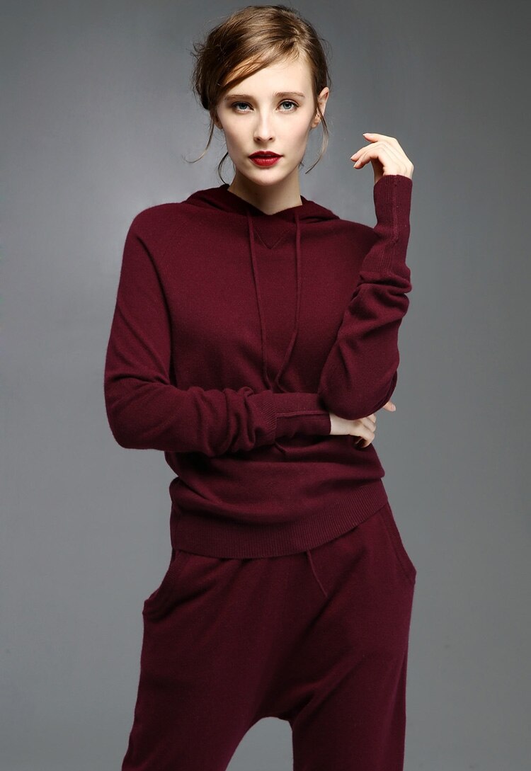 Two Piece Cashmere Hoodie Sweater Set