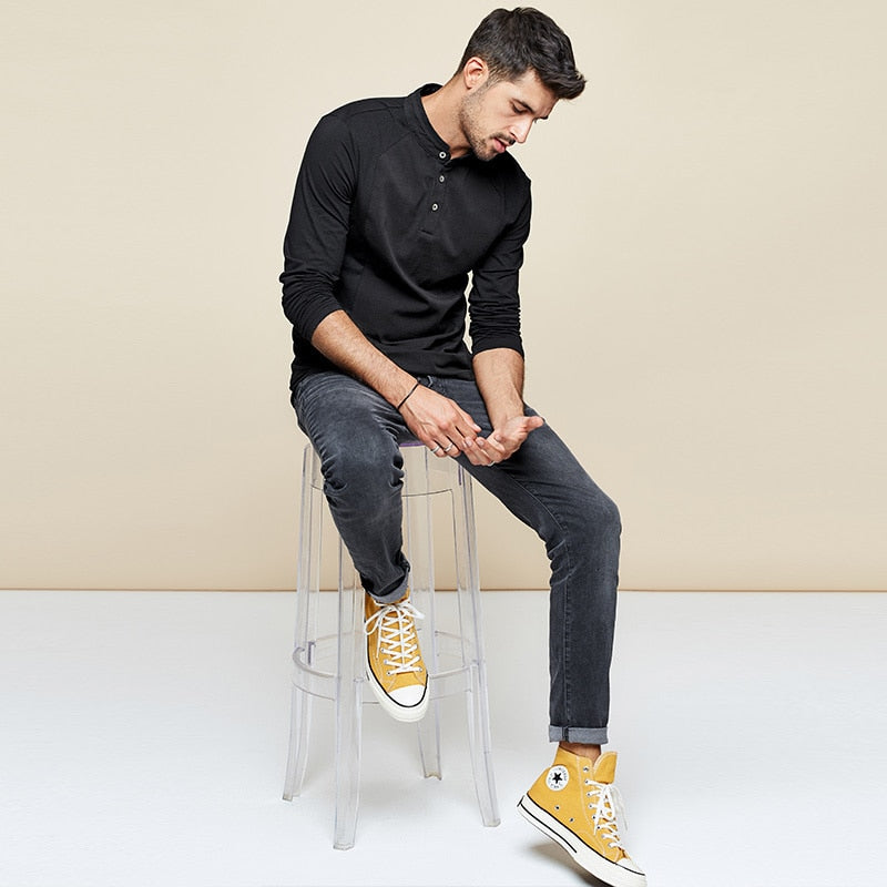 Cotton Button Plain T-Shirt Long Sleeve