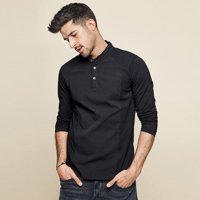 Cotton Button Plain T-Shirt Long Sleeve