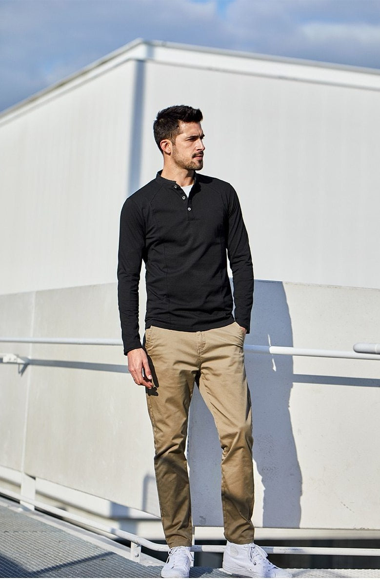 Cotton Button Plain T-Shirt Long Sleeve