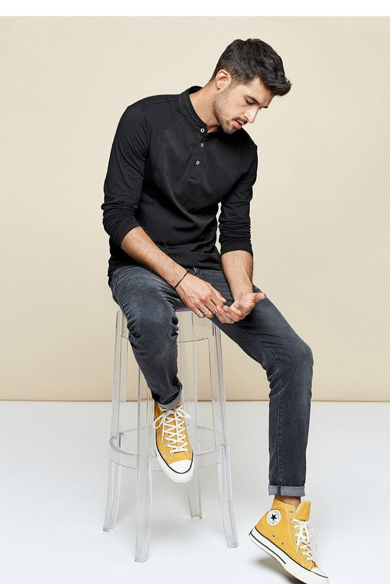 Cotton Button Plain T-Shirt Long Sleeve