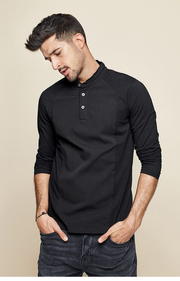 Cotton Button Plain T-Shirt Long Sleeve