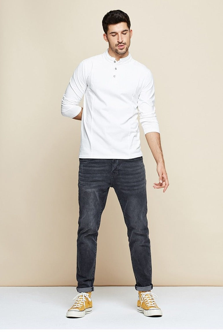 Cotton Button Plain T-Shirt Long Sleeve