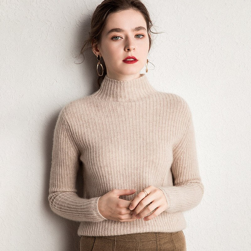 Goat Cashmere Knitted Half-High O-neck Pullover