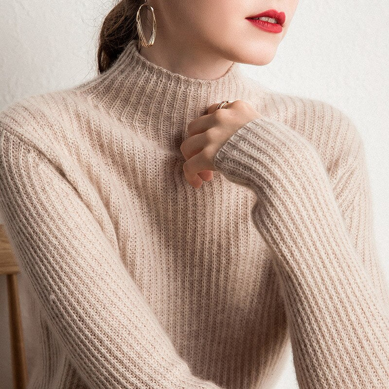 Goat Cashmere Knitted Half-High O-neck Pullover