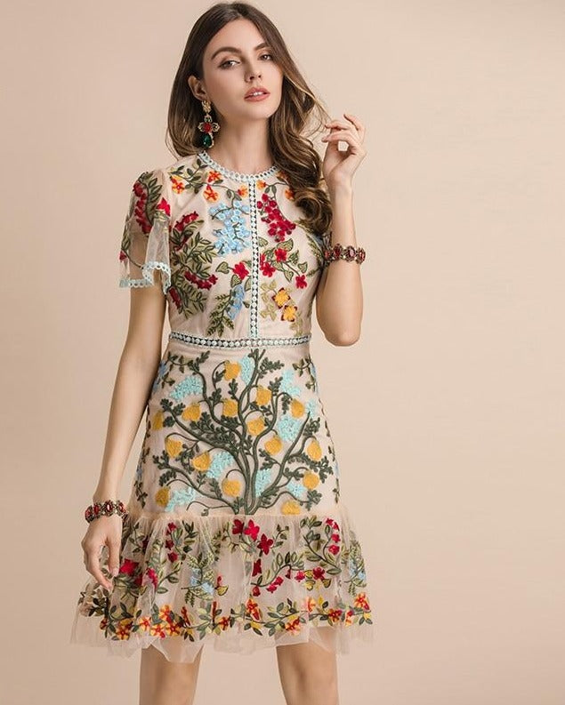 Flare Sleeve Floral Embroidery Midi Dress