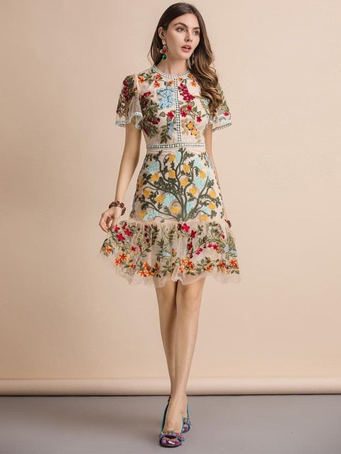 Flare Sleeve Floral Embroidery Midi Dress